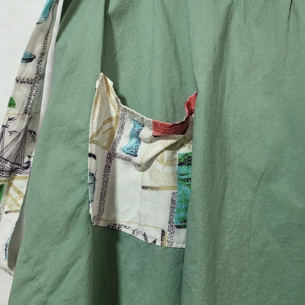 Vintage Sage Green Half Apron Novelty Print‎ Pockets Retro Mid-Century Modern